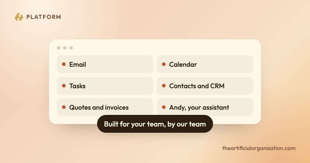 A TAO workspace window listing email, calendar, tasks, contacts and CRM, quotes and invoices, and Andy, your assistant, with the line built for your team, by our team