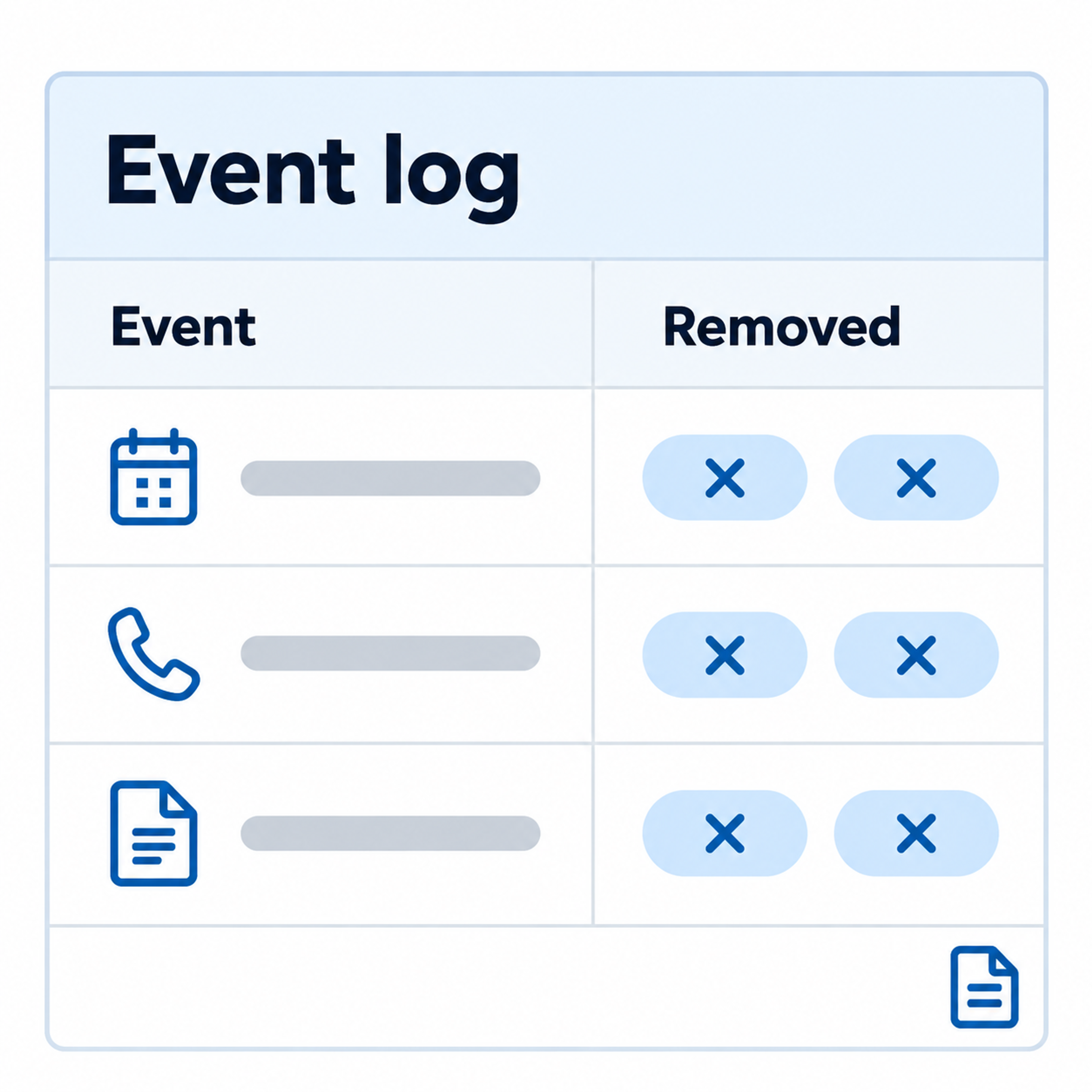 An event-log illustration pairing outgoing events with removed fields.