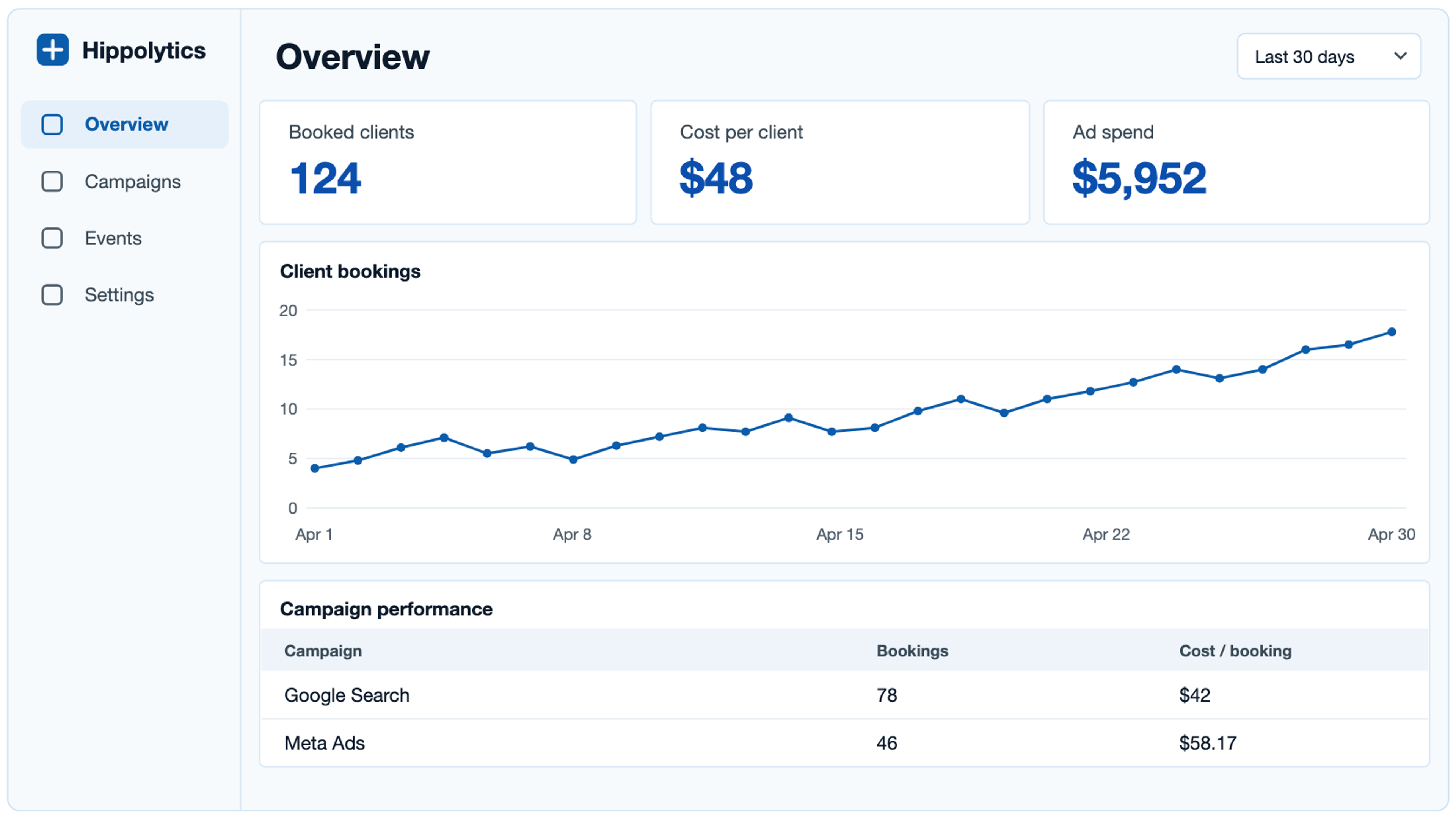 Illustrated Hippolytics dashboard showing client bookings, advertising costs, and campaign performance.