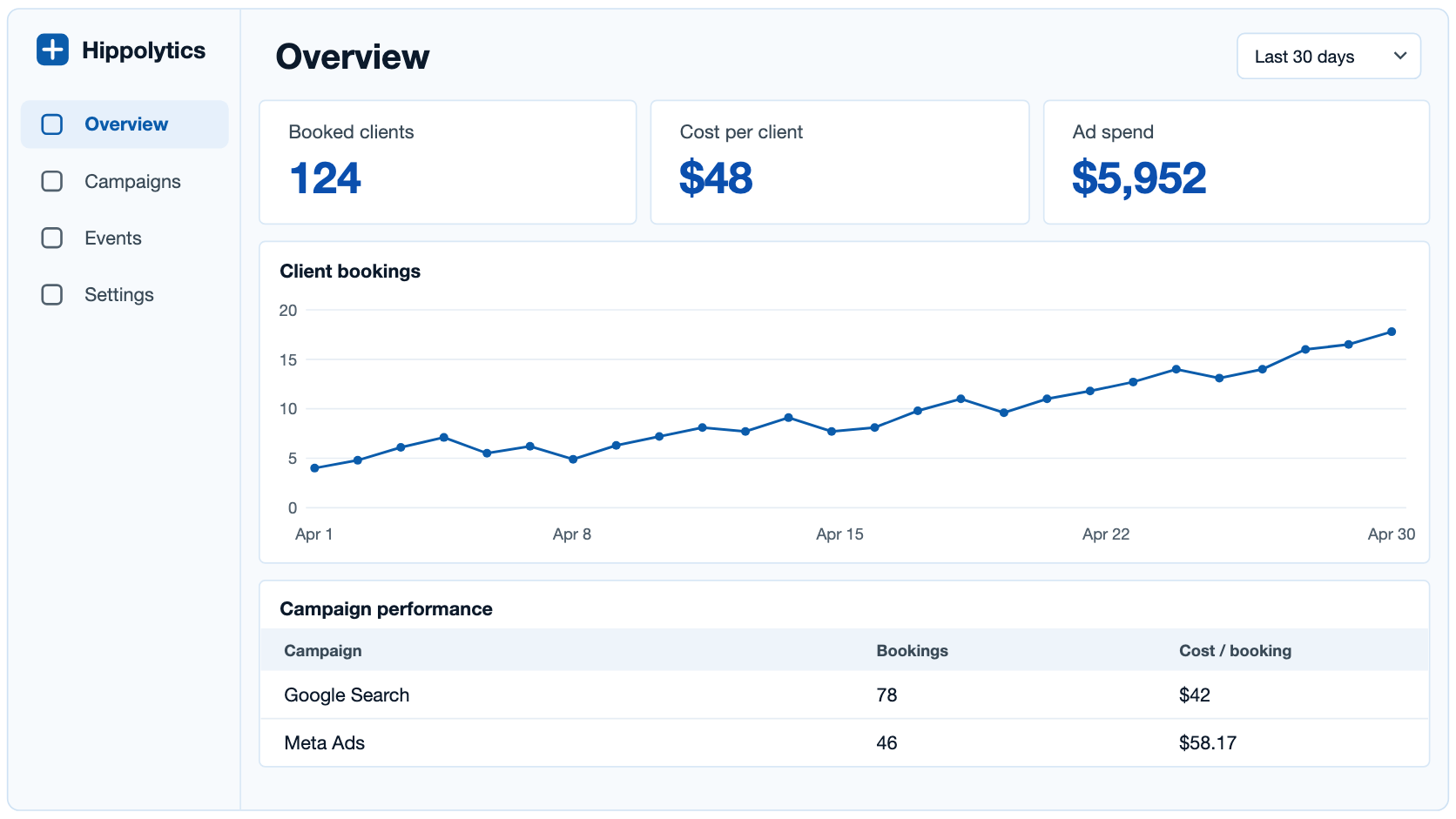 Illustrated Hippolytics dashboard showing client bookings, advertising costs, and campaign performance.