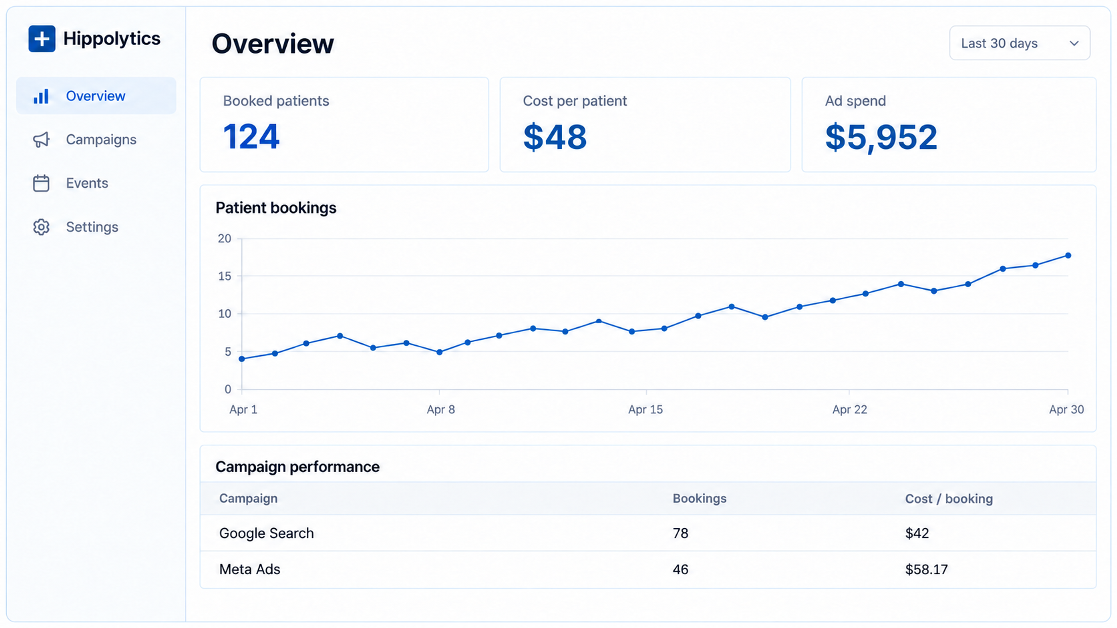 Illustrated Hippolytics dashboard showing patient bookings, advertising costs, and campaign performance.