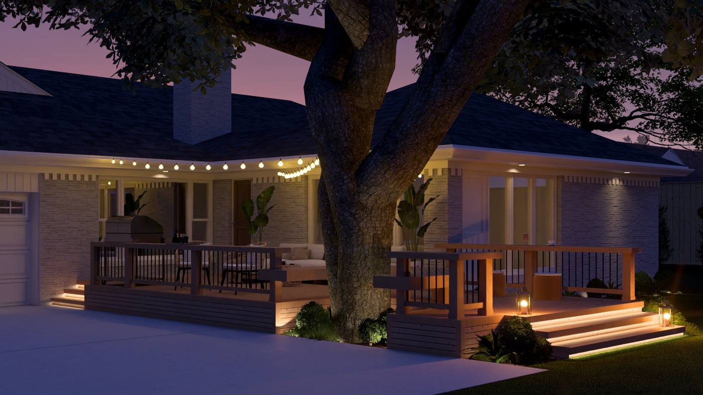 deck with string lights and step lighting at dusk. A 3D design by True Star Outdoor Solutions.