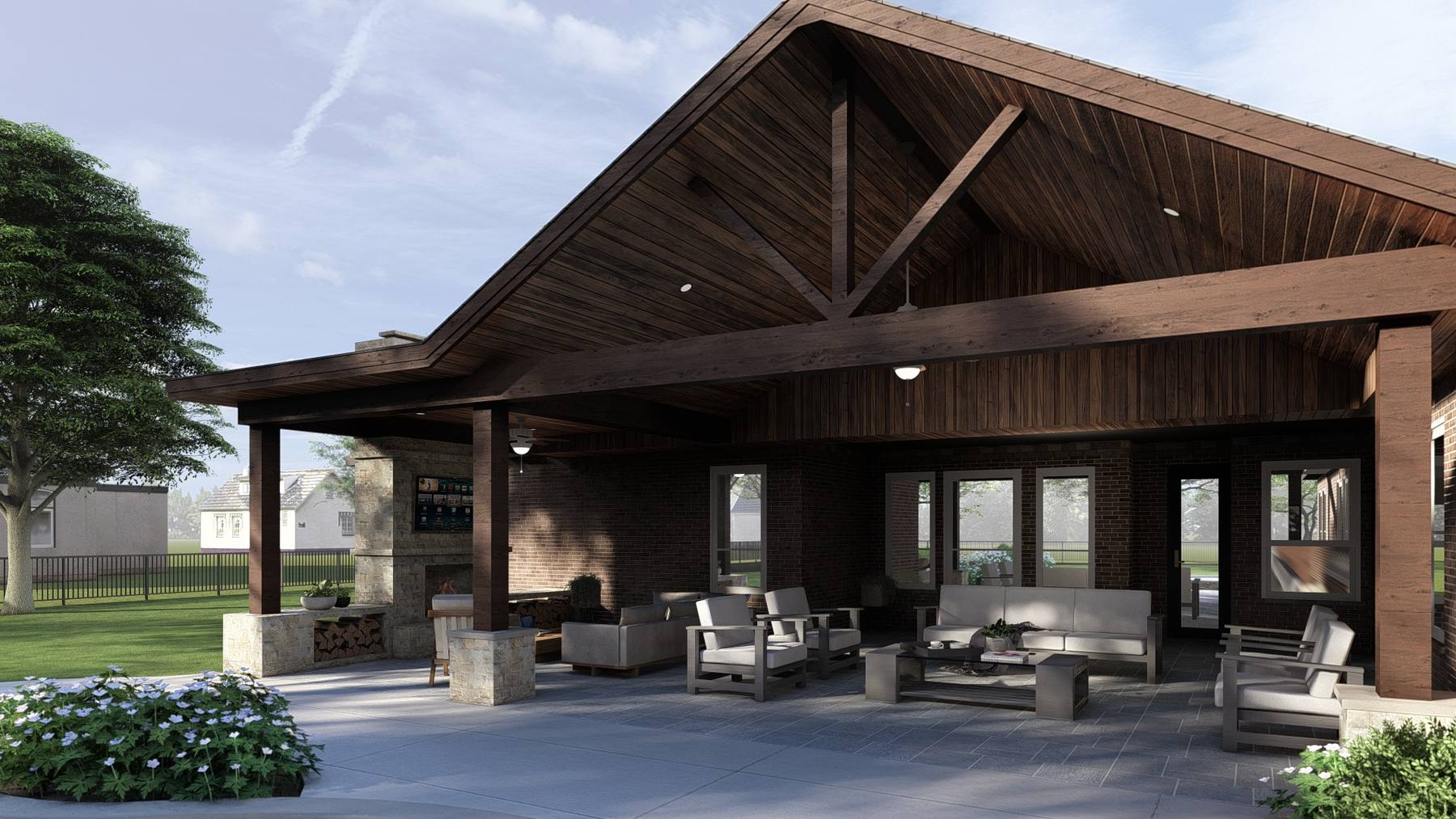 A 3D design from our design process: gable pavilion with a stained ceiling and fireplace. A 3D design by True Star Outdoor Solutions.