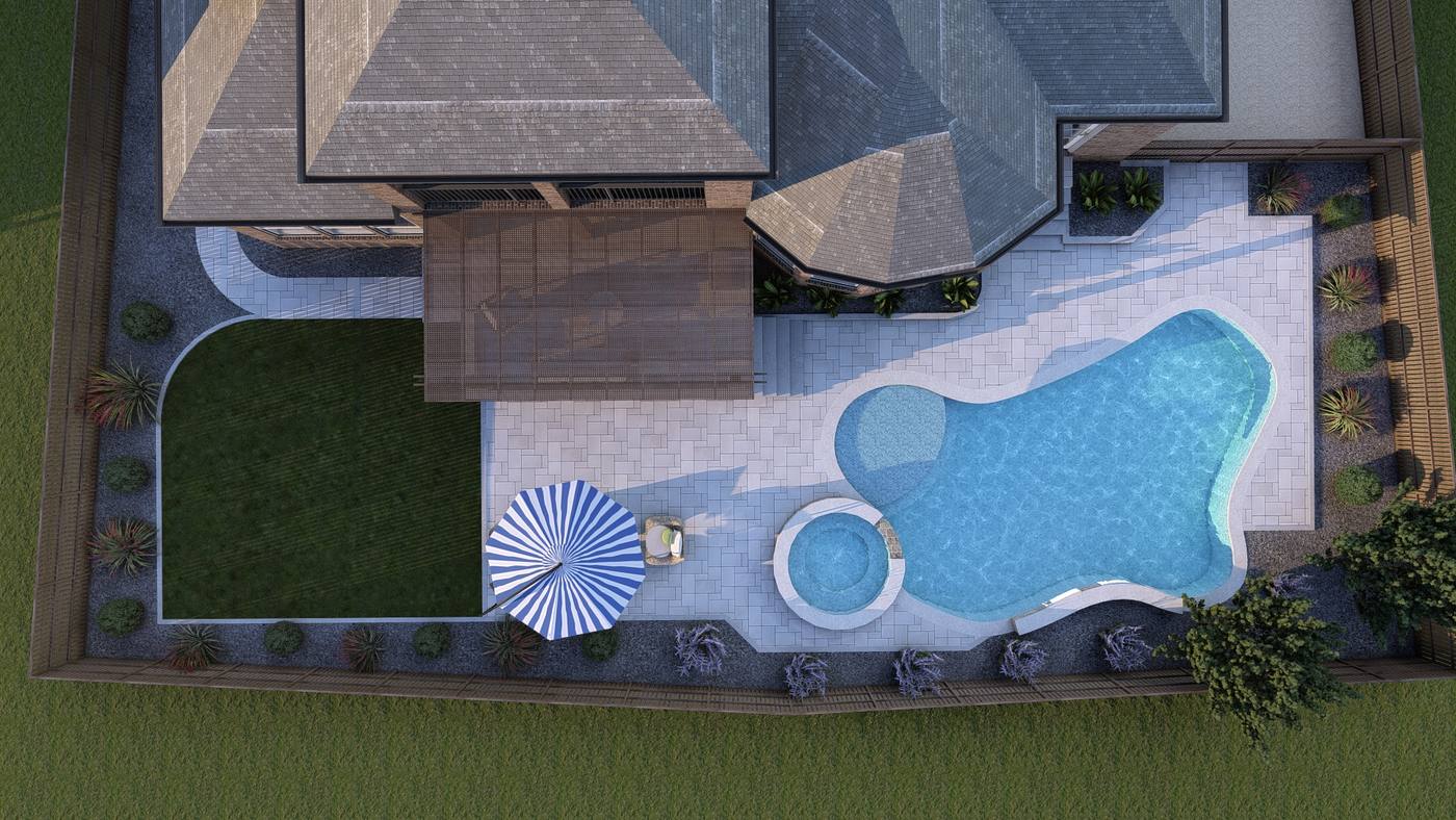 a whole backyard laid out around the house, with pool and spa. A 3D design by True Star Outdoor Solutions.