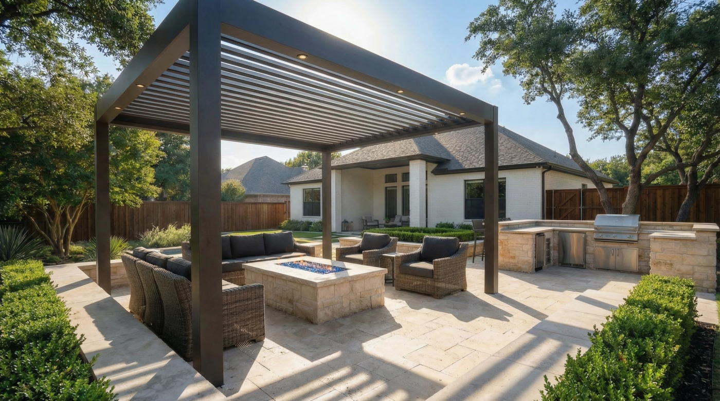 Luxury outdoor patio with pergola and fire pit in North Texas