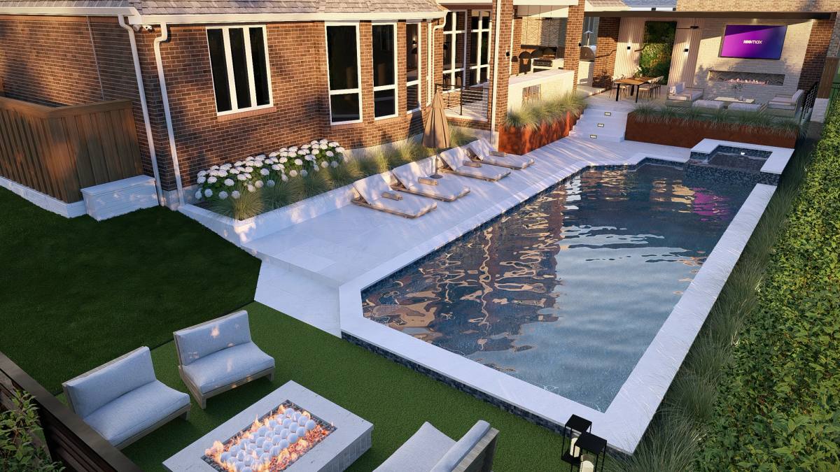 pool deck, fire table and lounge seating. A 3D design by True Star Outdoor Solutions.