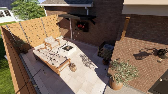a side yard turned into a lounge. A 3D design by True Star Outdoor Solutions.