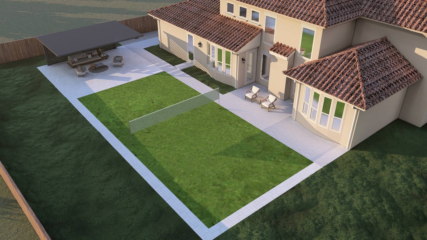 aerial view of a modern backyard layout in Frisco. A 3D design by True Star Outdoor Solutions.
