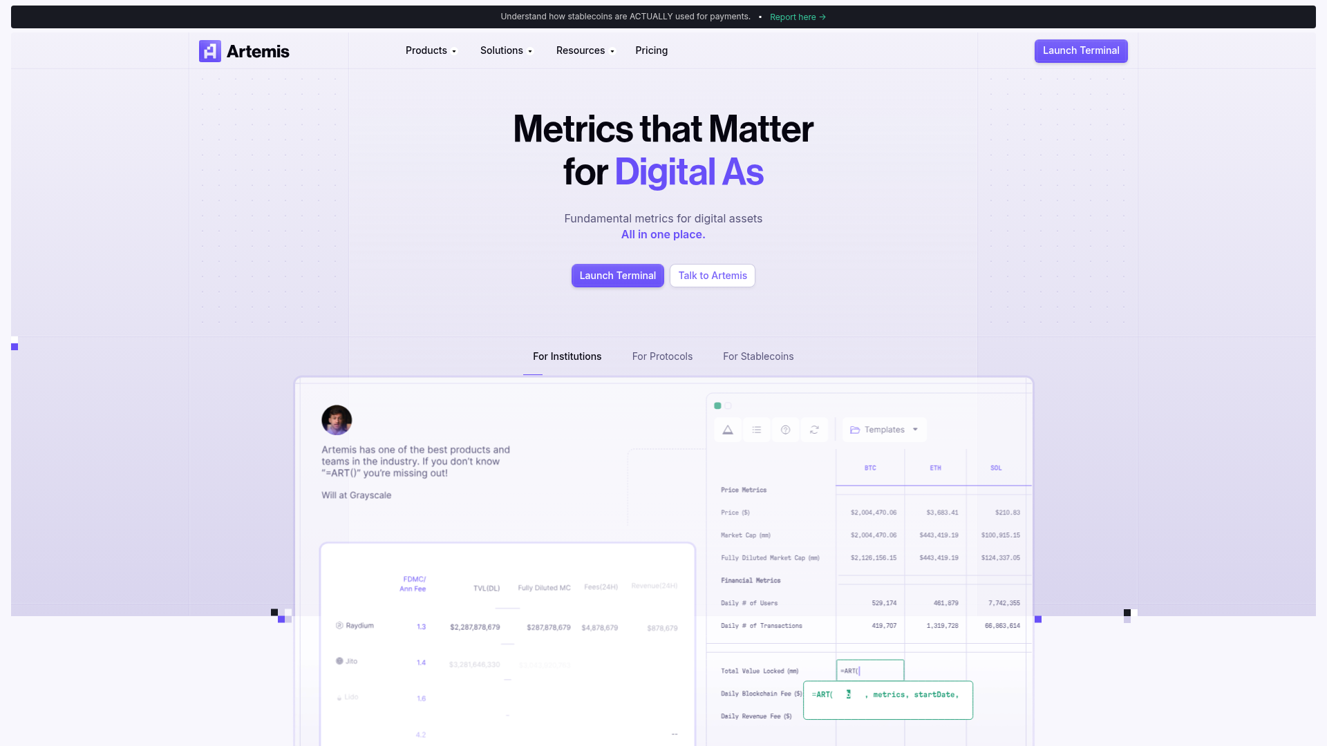 Artemis website screenshot