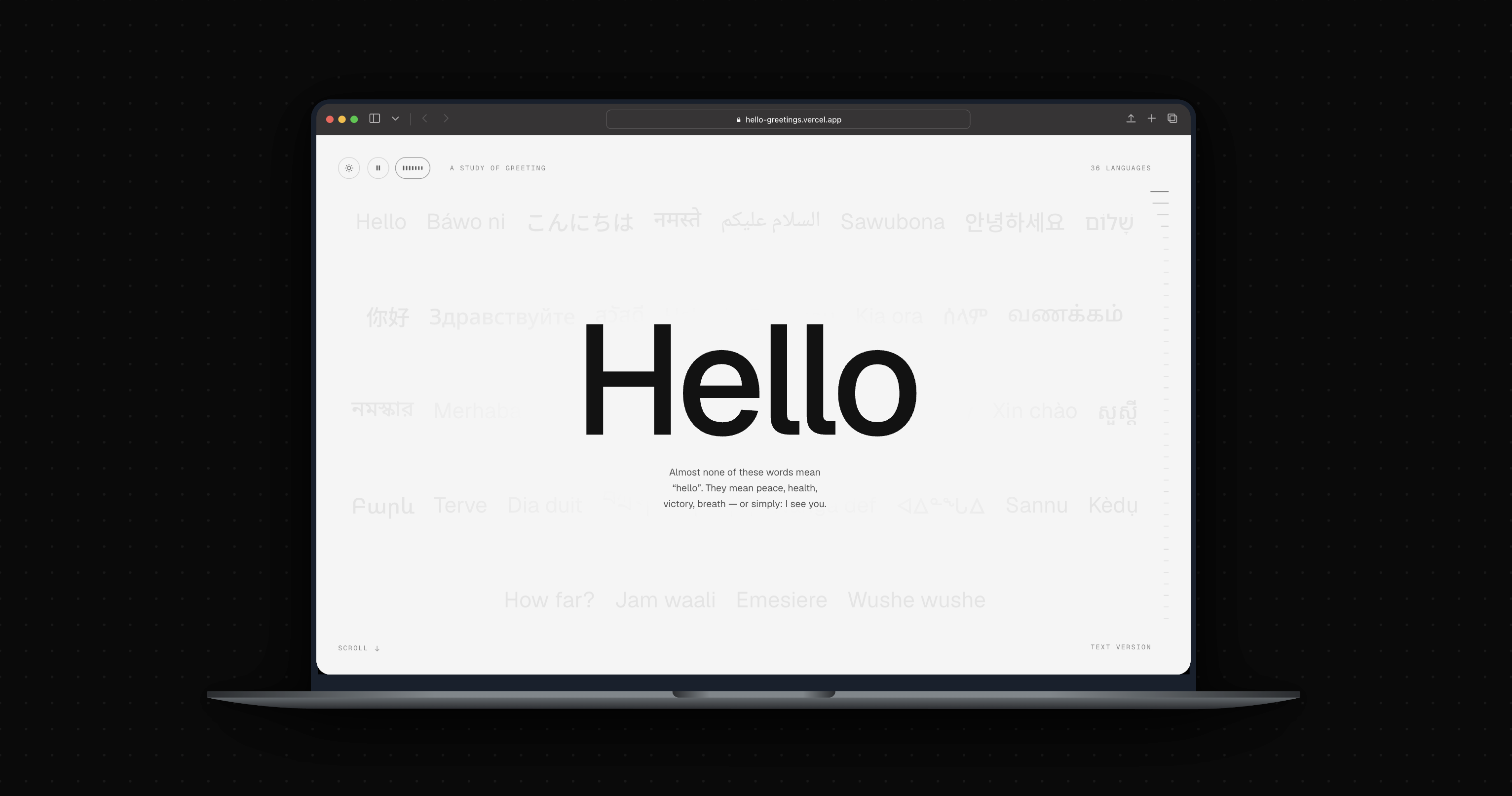 The Hello intro screen on a laptop, the title set in oversized type over the thirty-six greetings ghosted behind it.