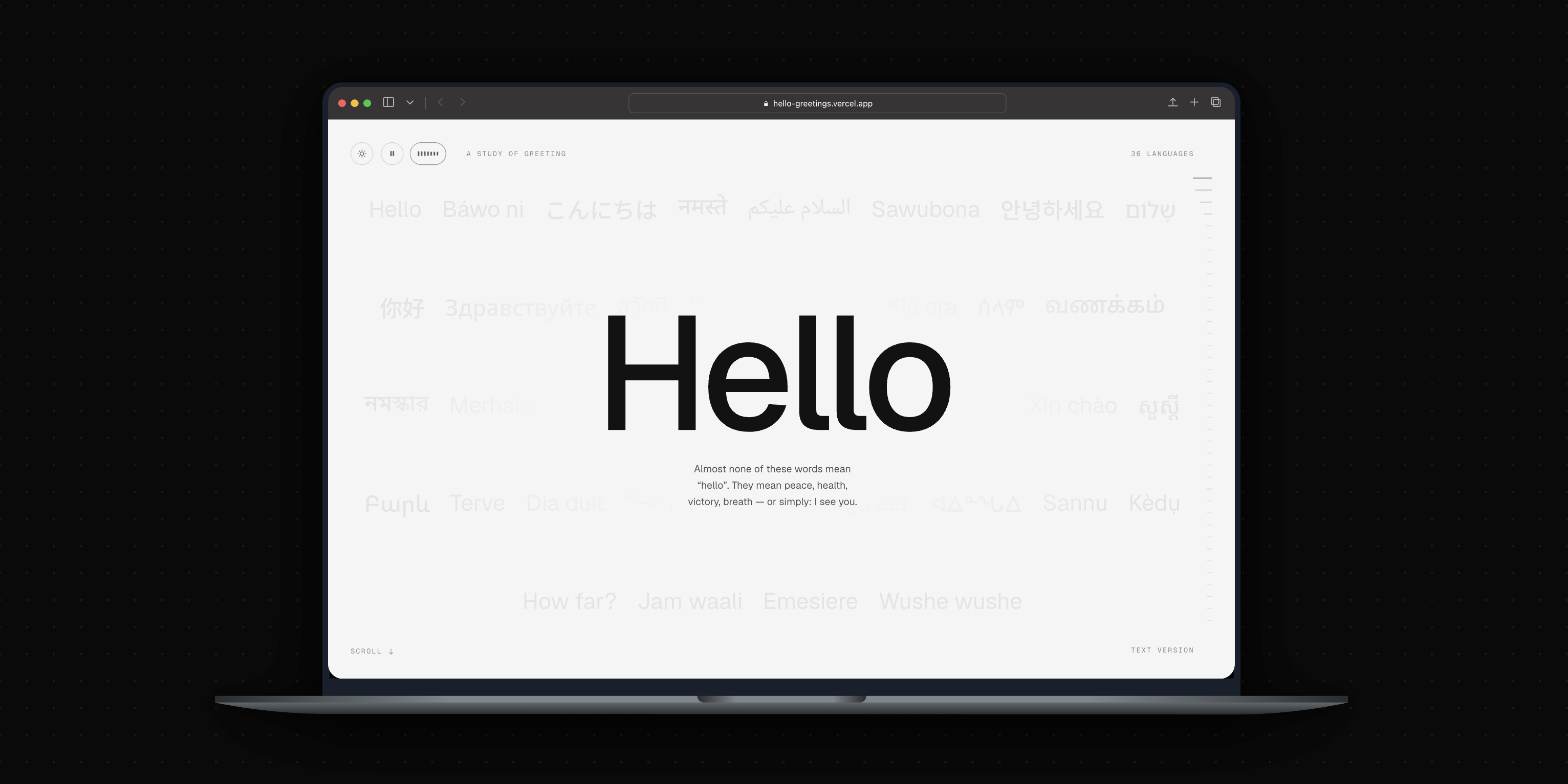 The Hello intro screen on a laptop, the title set in oversized type over the thirty-six greetings ghosted behind it.