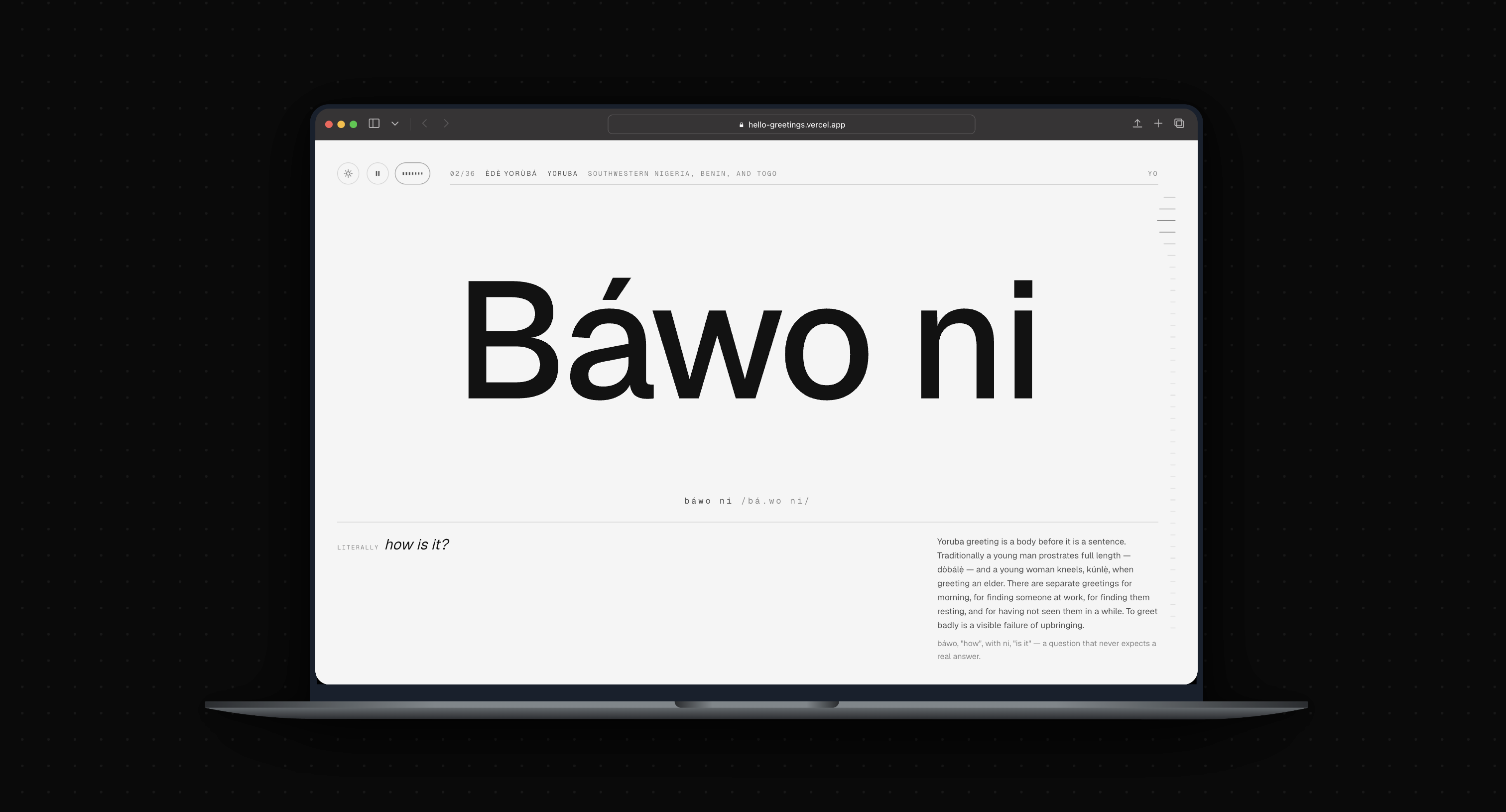 The Yoruba section, Báwo ni set across the full width above its literal reading, "how is it?".