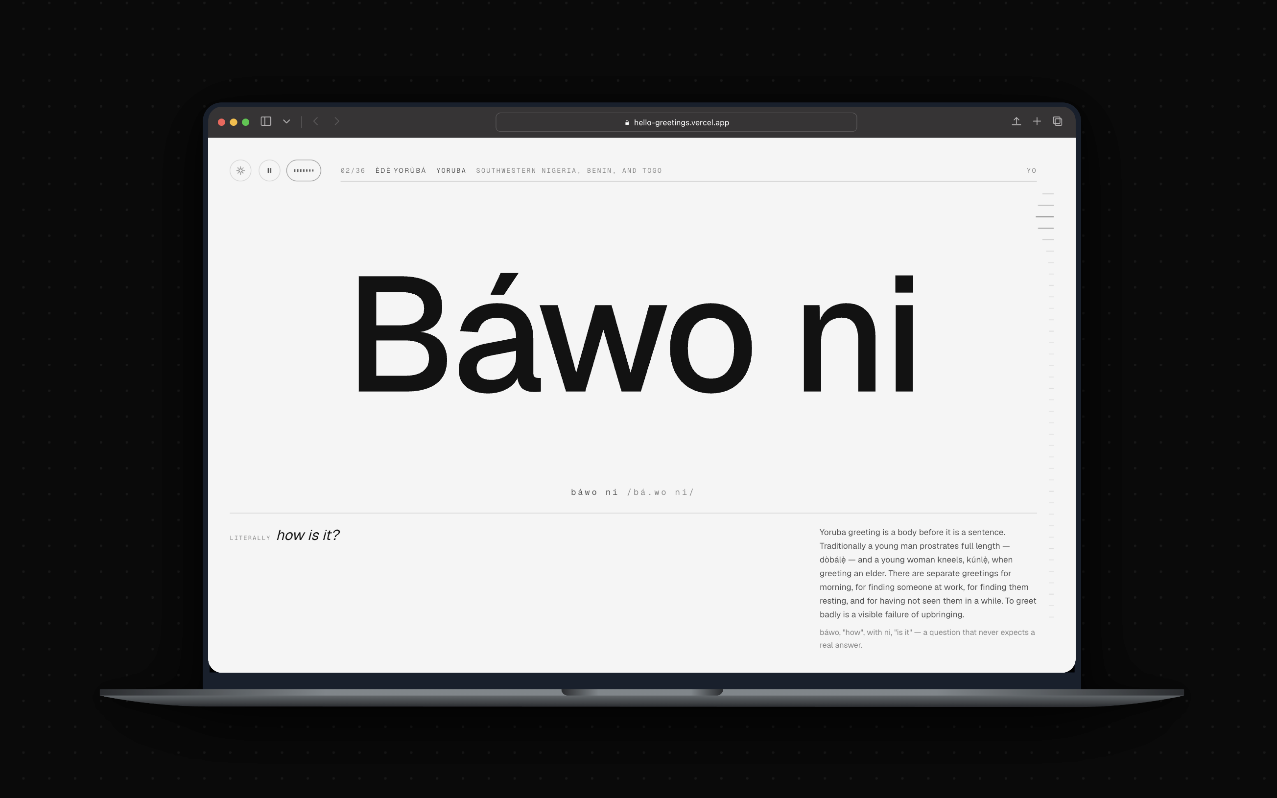 The Yoruba section, Báwo ni set across the full width above its literal reading, "how is it?".