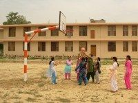 Students on the college sports ground