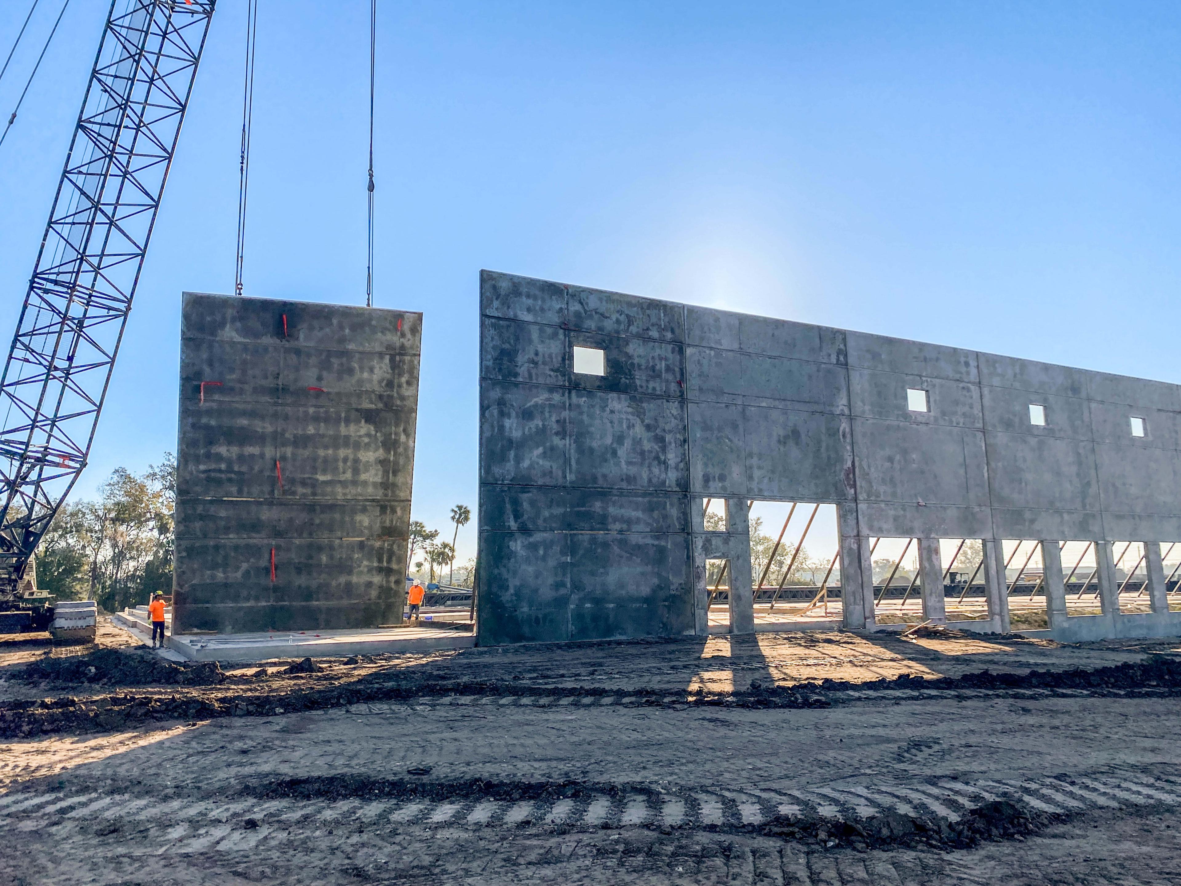 tilt-up concrete panels being assembled on a jobsite