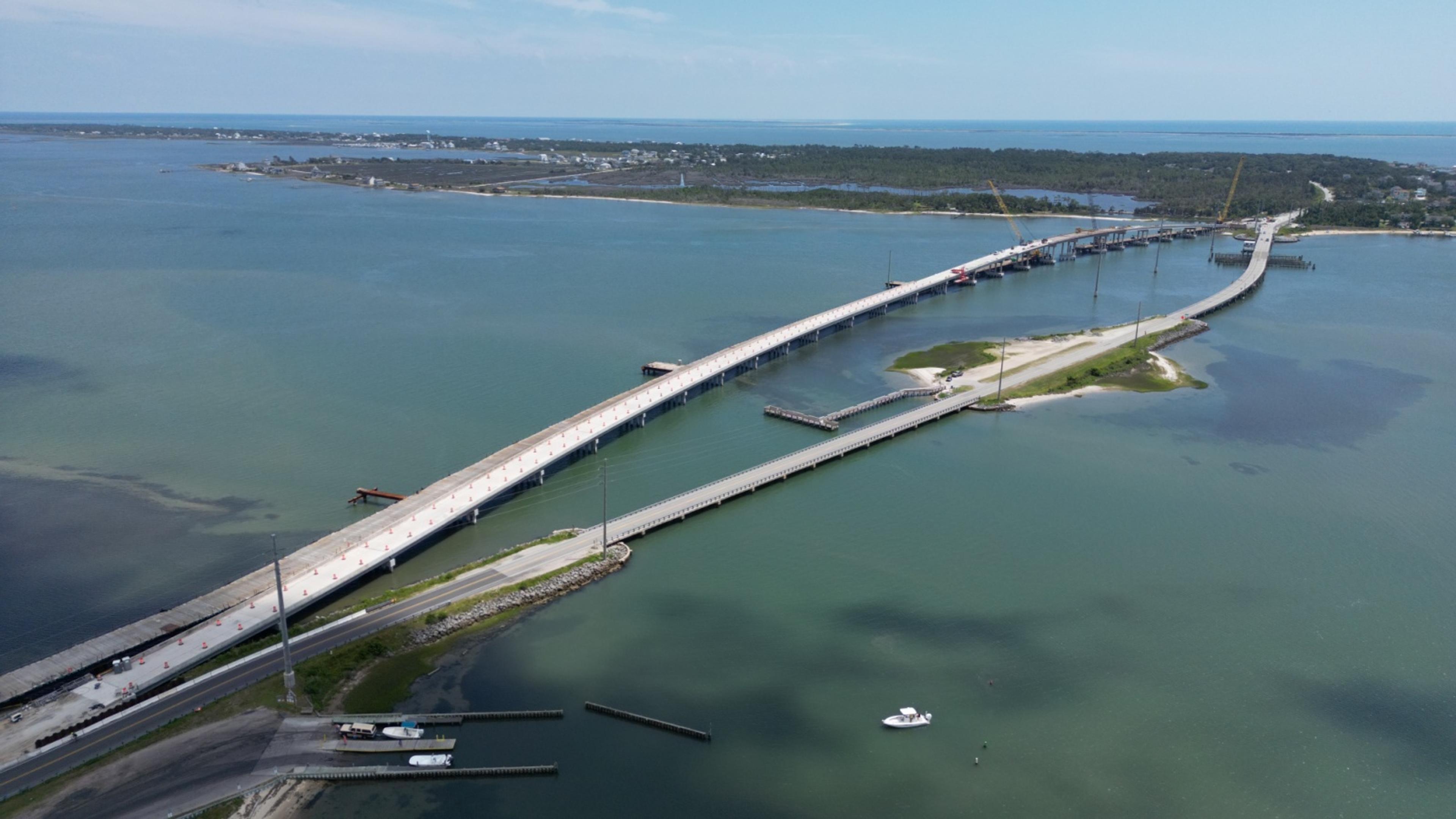 an aerial image of Harker's Island Bridge in North Carolina 