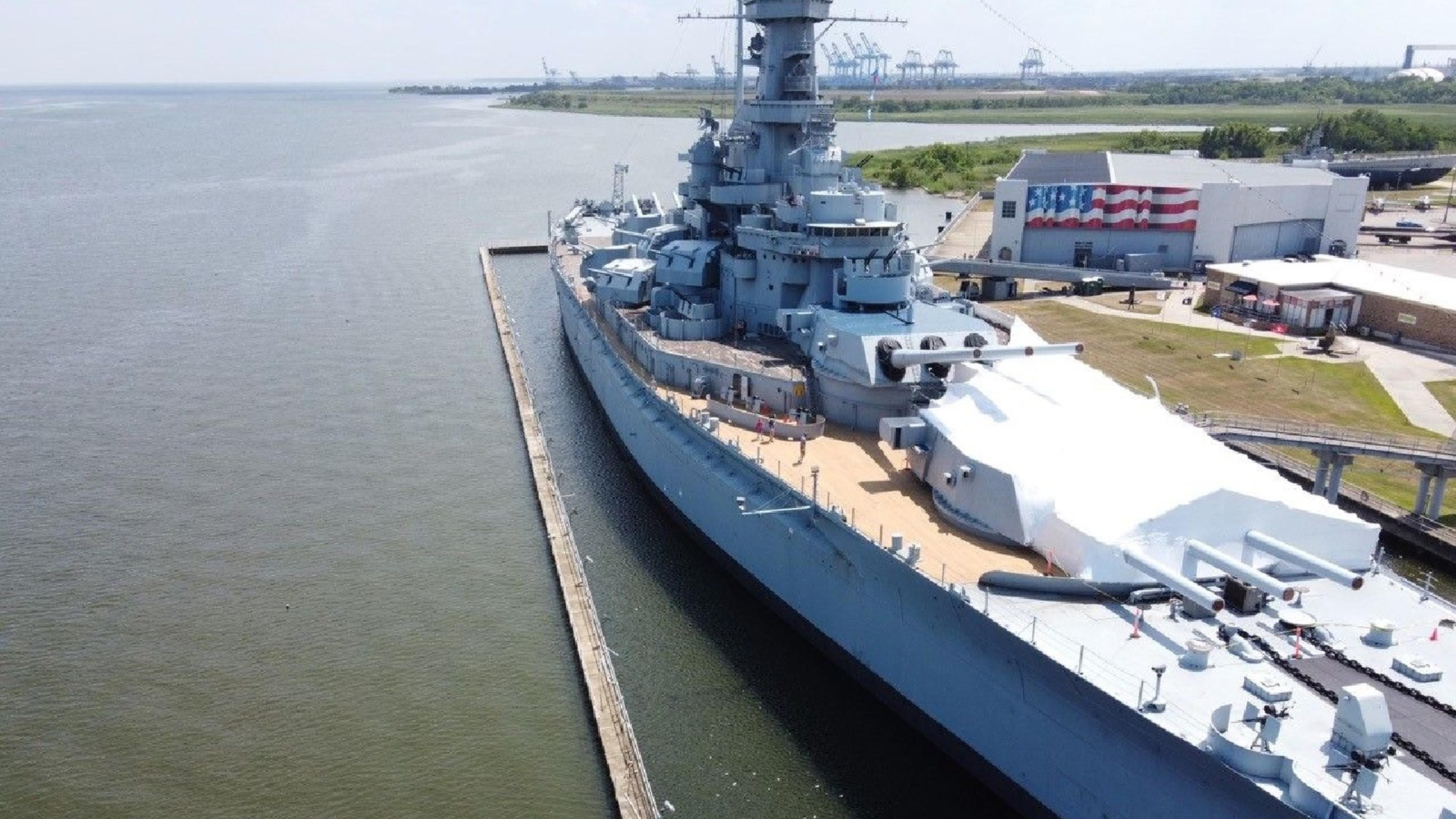 an aerial view of the USS Alabama battleship museum