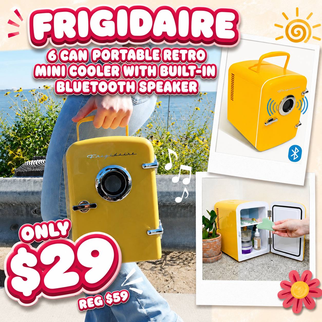 Frigidaire 6 Can Portable Retro Mini Cooler with Built-in Bluetooth Speaker Deal