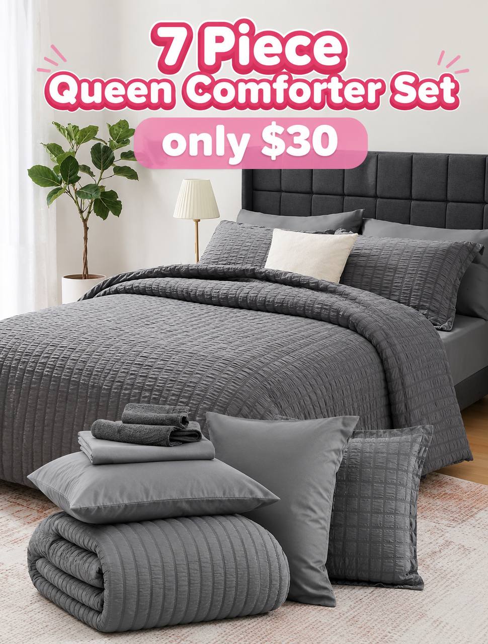 7-Piece Queen Comforter Set with Sheets and Pillowcases for $30