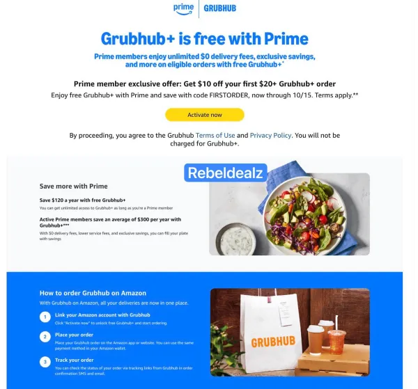 Prime Members: $10 Off First Grubhub+ Order with Code