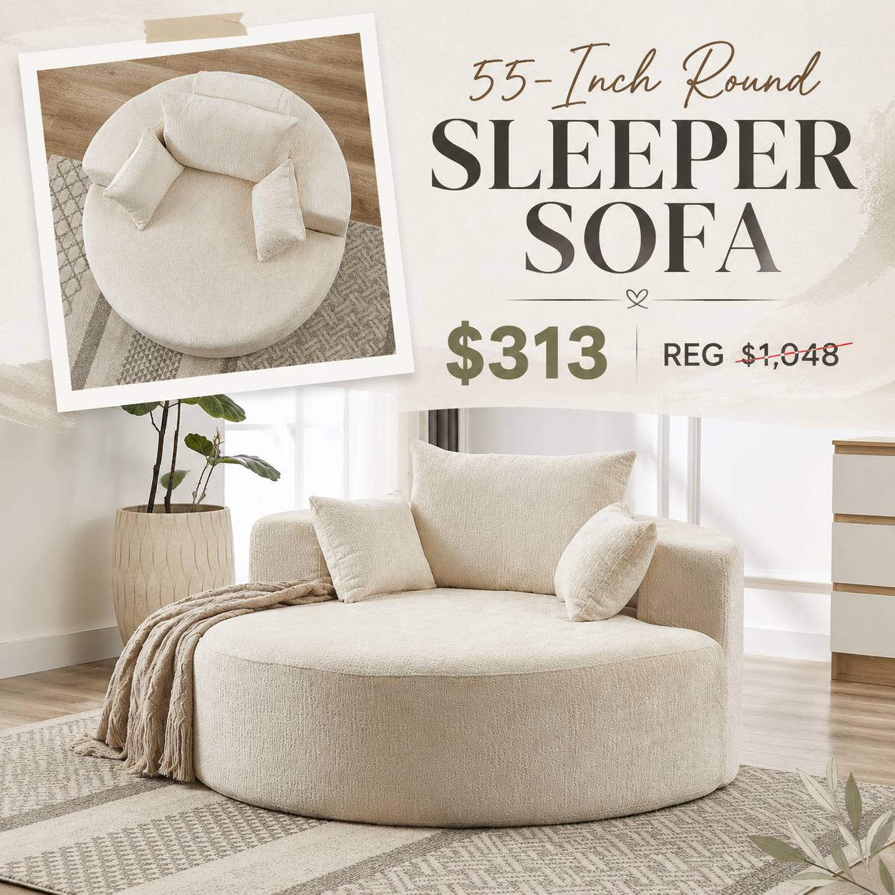 55-Inch Round Sleeper Sofa in Neutral Beige Chenille