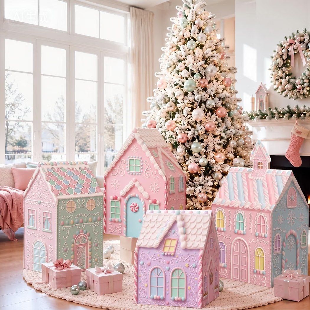Pastel Cardboard Gingerbread House Set, 4 Pieces, Around $37