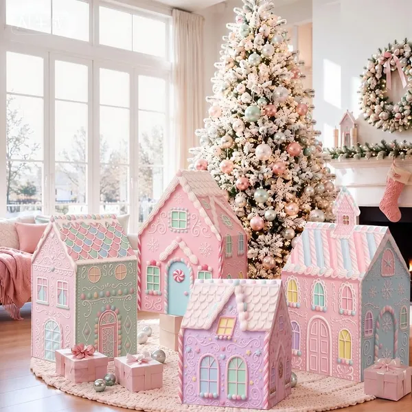 Pastel Cardboard Gingerbread House Set, 4 Pieces, Around $37