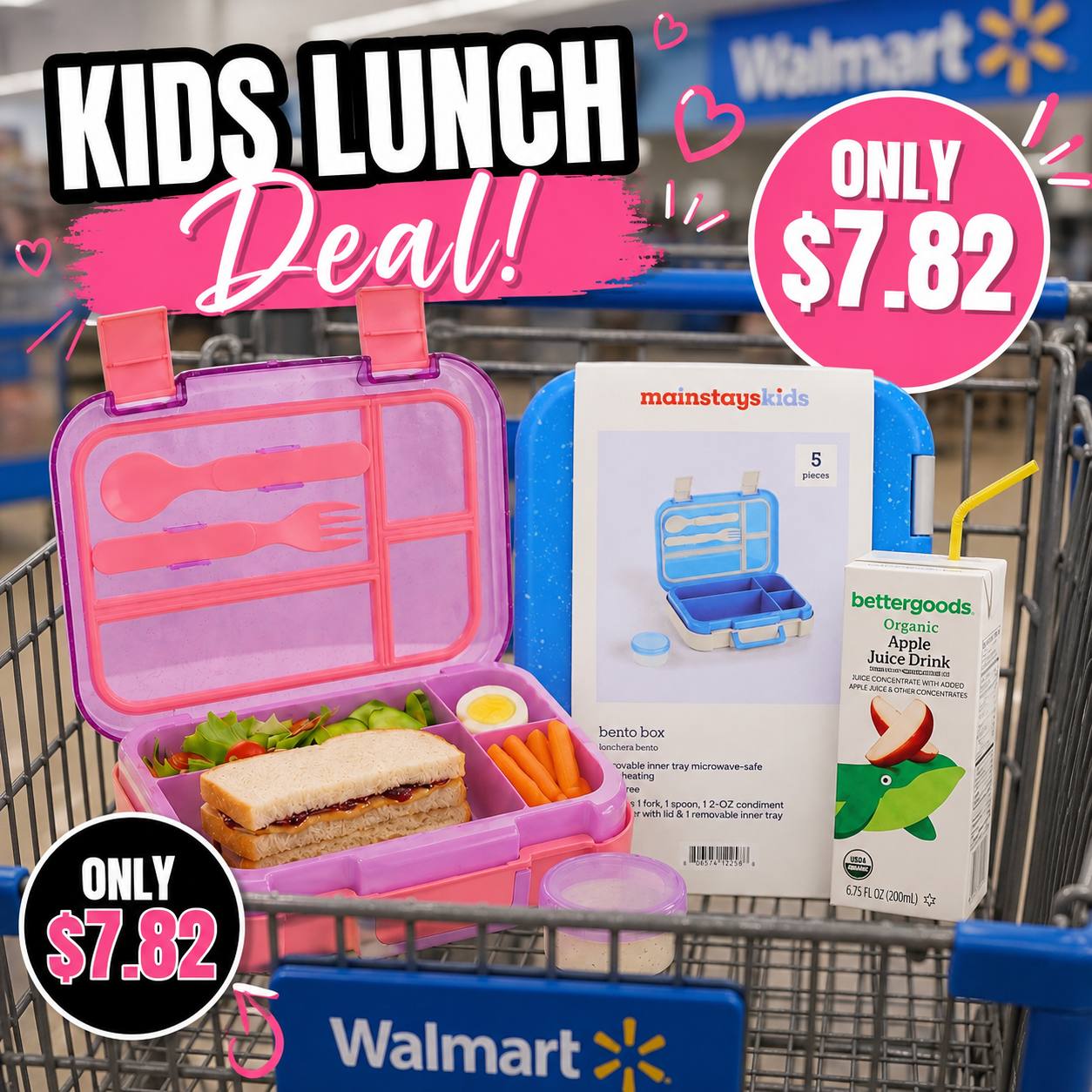 New Mainstays Kids 4-Compartment Plastic Bento Box with Removable Tray, Fork, Spoon, and Dressing Container, Pink Glitter