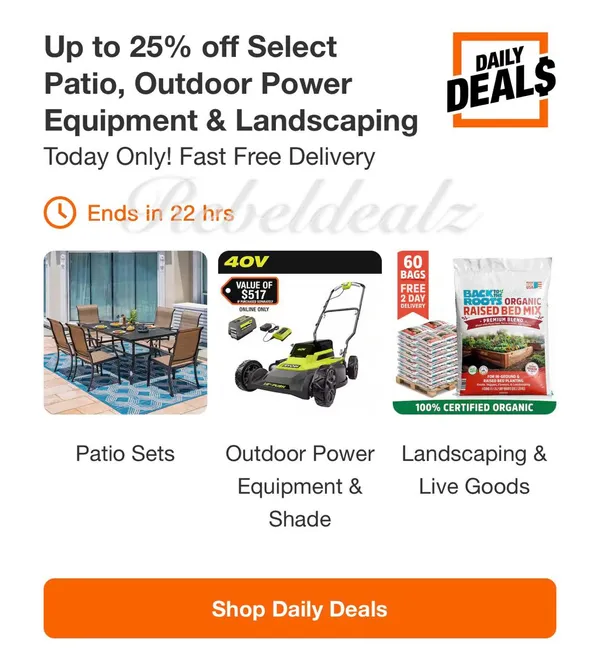 Home Depot Daily Deal: Up to 25% Off Patio, Outdoor Power Equipment & Landscaping