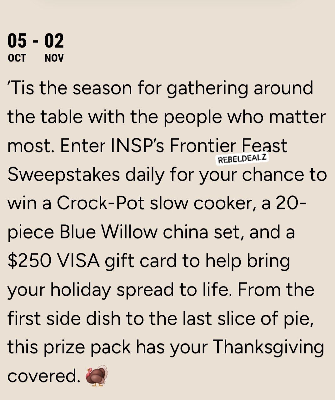INSP Frontier Feast Sweepstakes: Win a Crock-Pot, China Set and $250