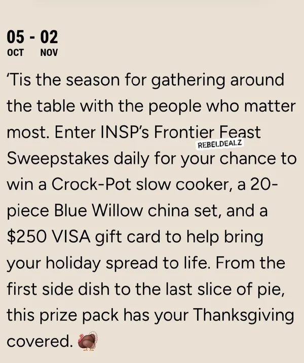INSP Frontier Feast Sweepstakes: Win a Crock-Pot, China Set and $250