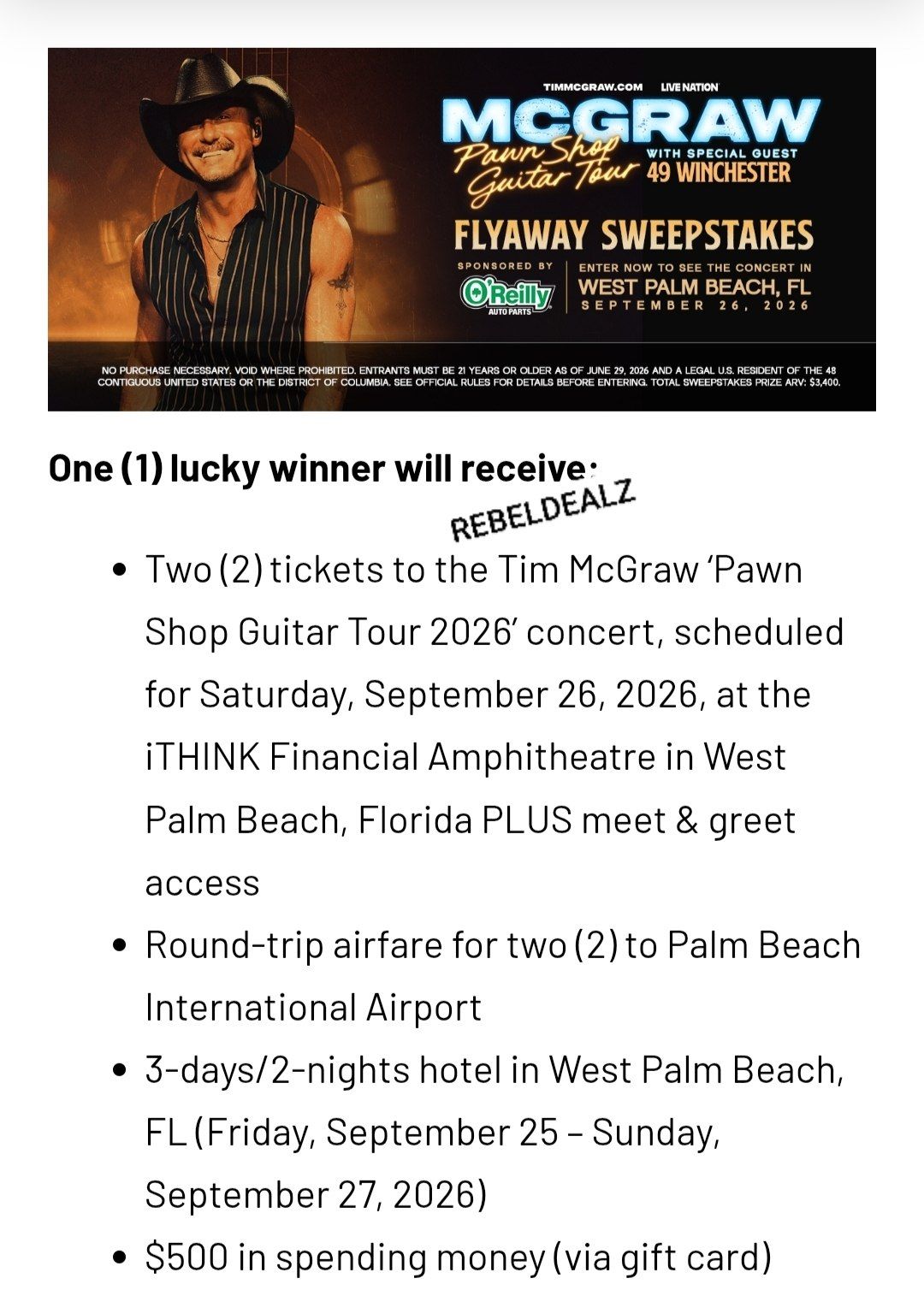 O'Reilly x Tim McGraw 'Tour Flyaway' Sweepstakes