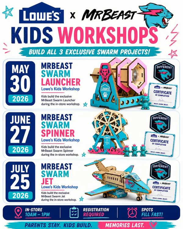 Lowe's x MrBeast Kids Workshops: Build 3 Exclusive Swarm Projects