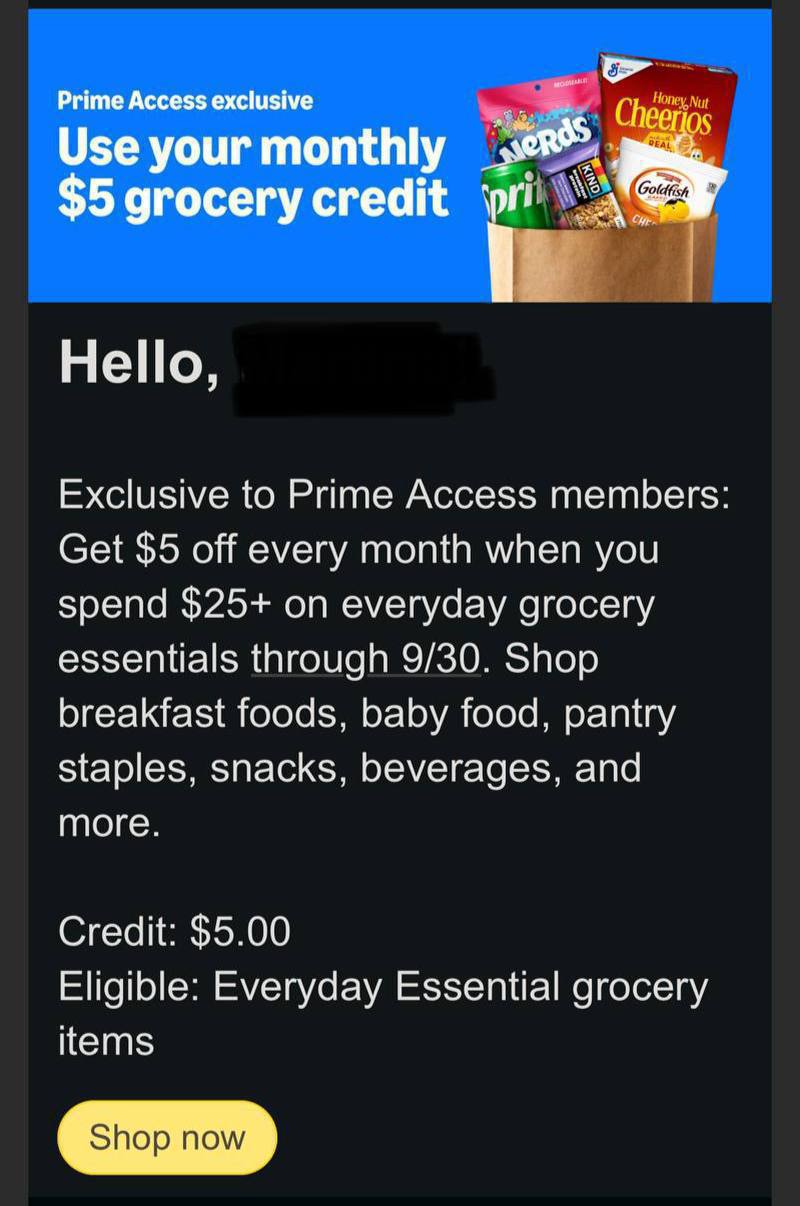 Amazon Prime Access Monthly $5 Grocery Credit