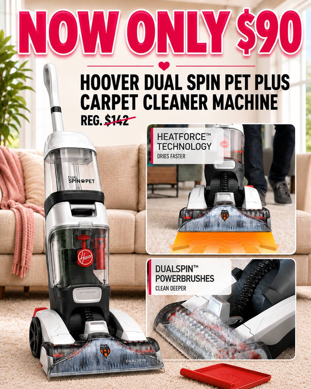 Hoover Dual Spin Pet Plus Carpet Cleaner Machine with Pet Tool Attachment
