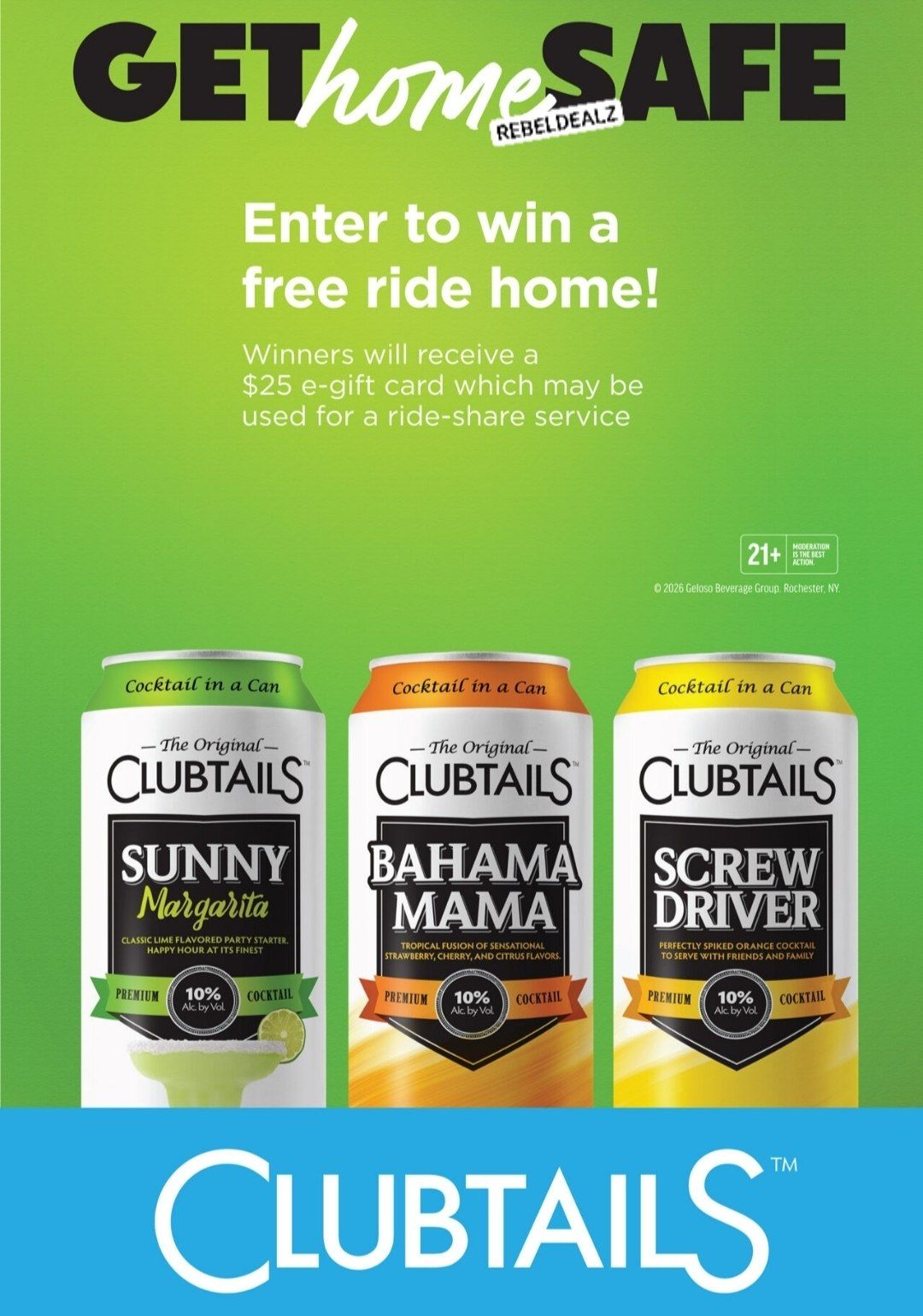 Clubtails Cocktails Get Home Safe Sweepstakes - 200 Winners