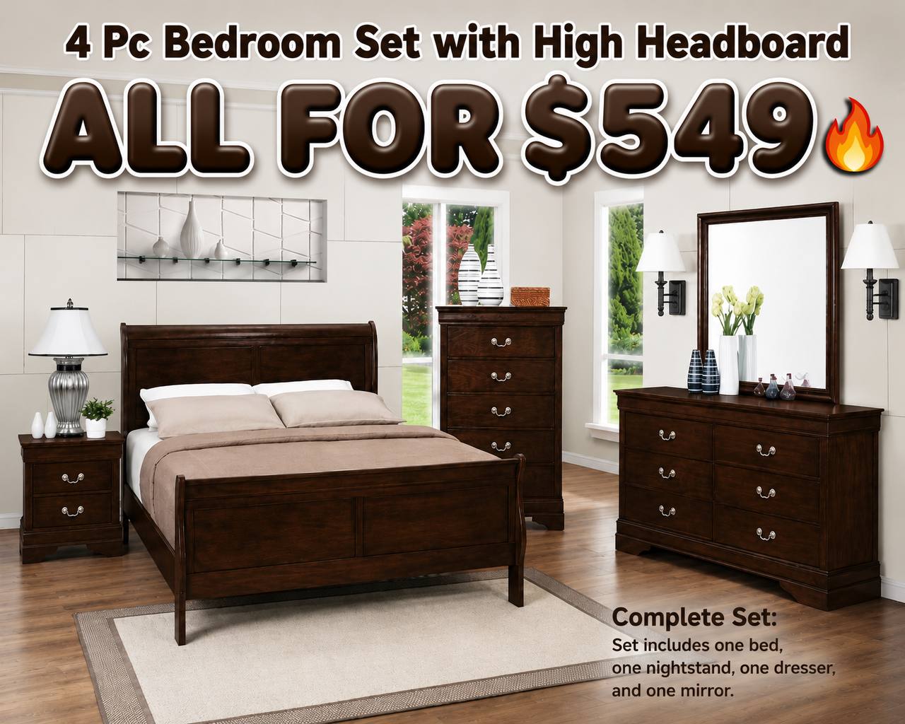Louis Philippe Panel Bedroom Set with High Headboard for $549