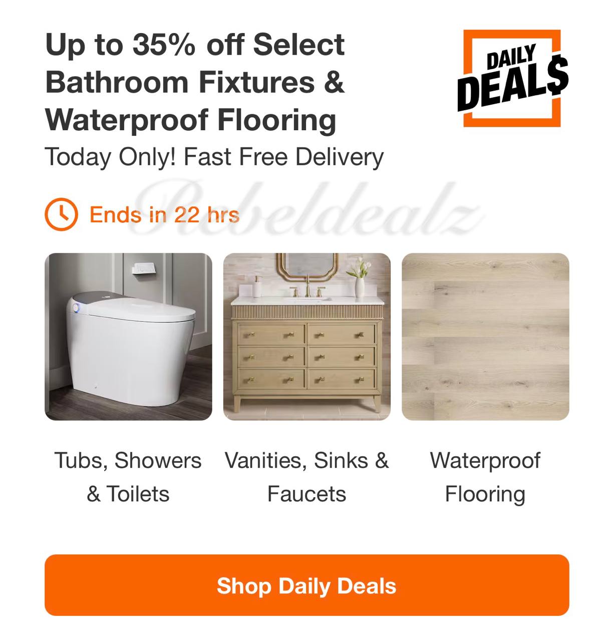 Up to 35% off select bathroom fixtures & waterproof flooring at Home Depot