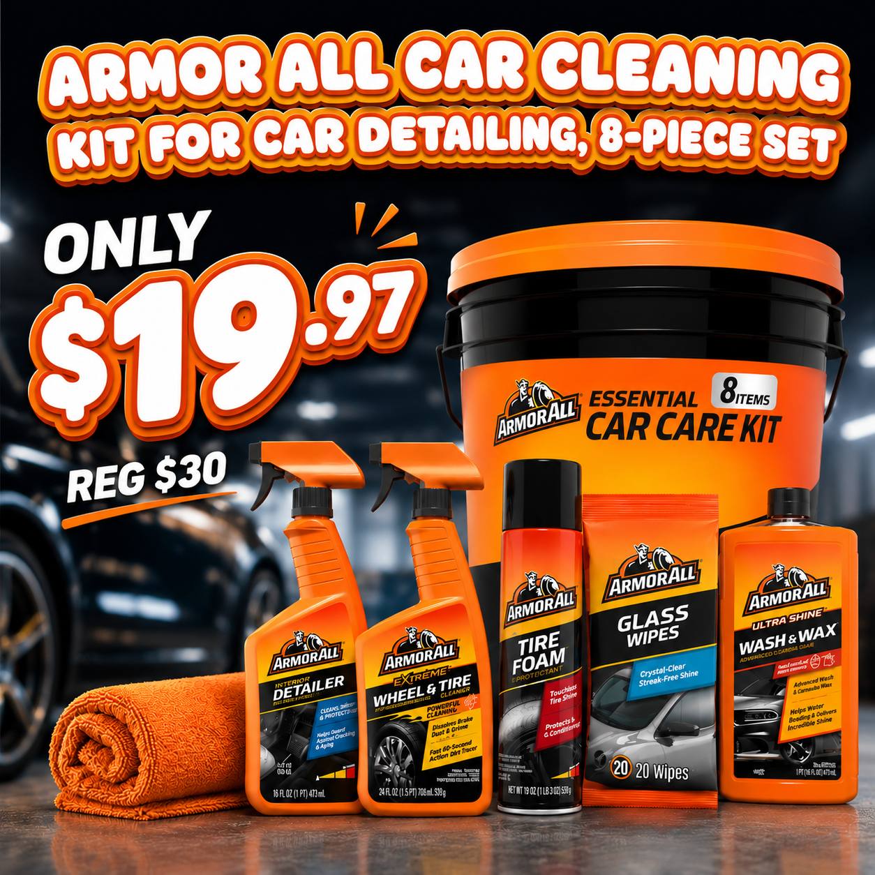 Armor All Car Cleaning Kit for Car Detailing, 8-Piece Set on Sale for $19.97