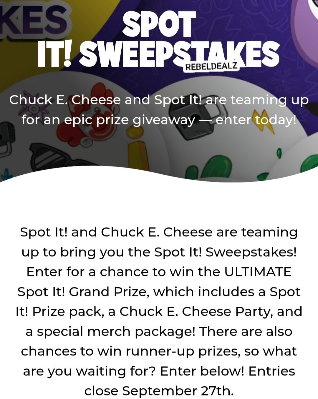 Chuck E. Cheese Spot It! Sweepstakes: 27 Winners
