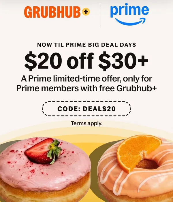Prime Members: $20 Off $30+ Grubhub Orders with Code DEALS20