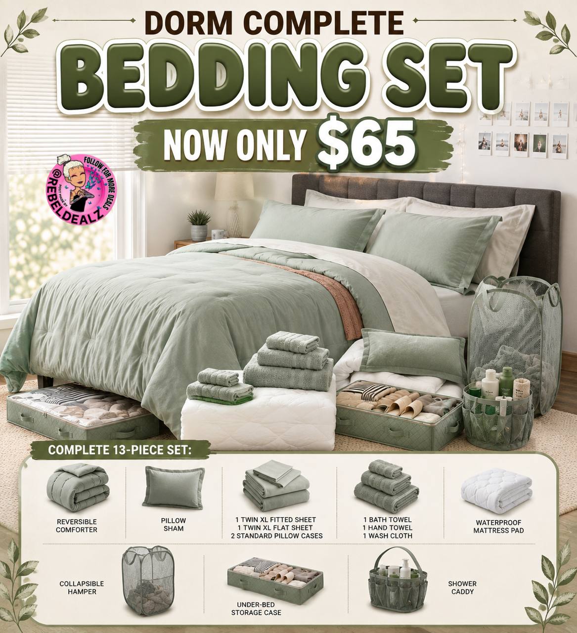 Twin XL Comforter Set with Dorm Essentials for $65
