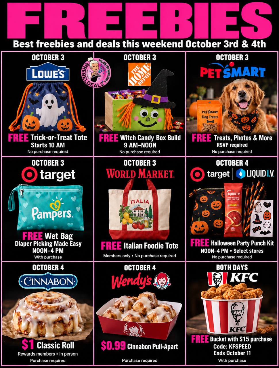 Best Weekend Freebies & Deals: October 3-4, 2026