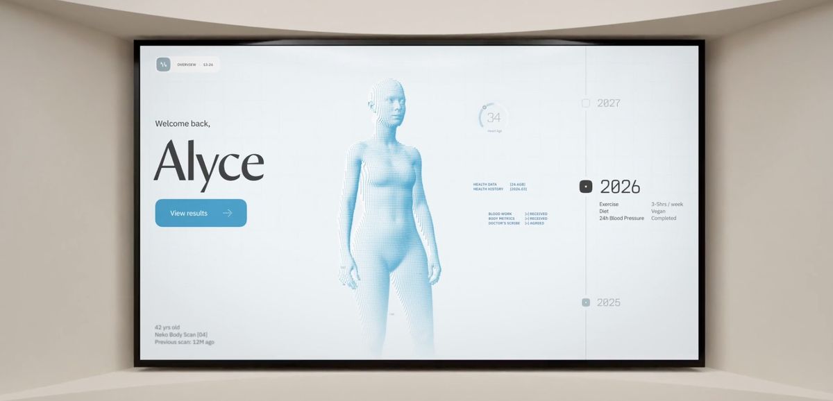 A Neko Health results screen showing a 3D body model, heart age and a health timeline