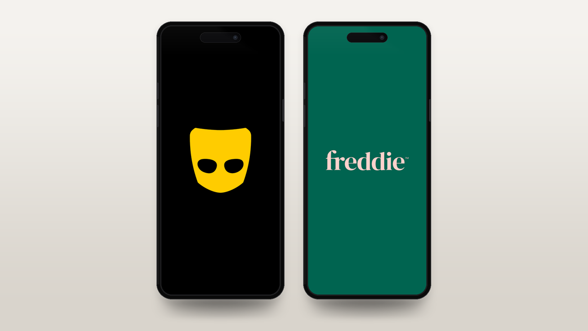 The Grindr and Freddie app logos on two phone screens