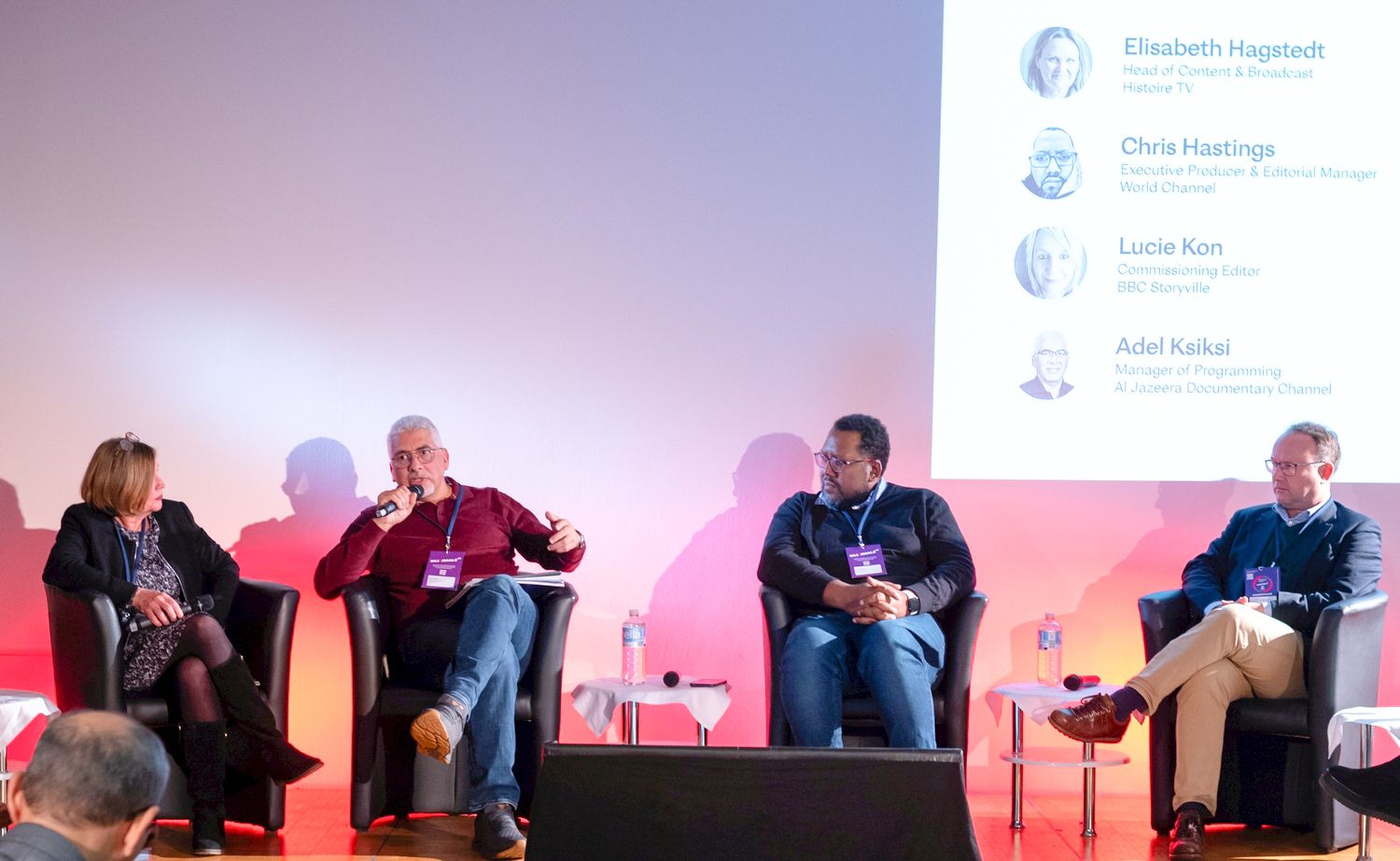 Ruth Berry, Adel Ksiksi (Manager of Planning & Scheduling, Al Jazeera Documentary Channel), Chris Hastings (Executive Producer & Editorial Manager, WORLD) and Mark Willock (Commissioning editor, SWR)