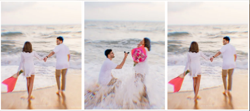 Man proposing on one knee at beach in Sri Lanka with bouquet and engagement ring emotional reaction