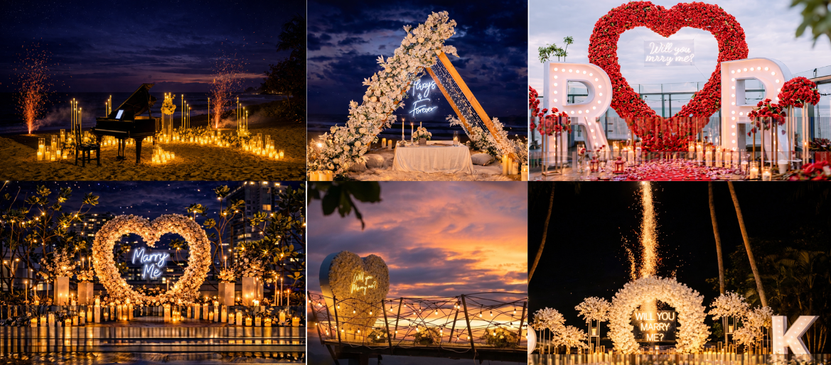 Romantic proposal setup in Sri Lanka with candles flowers and luxury decoration