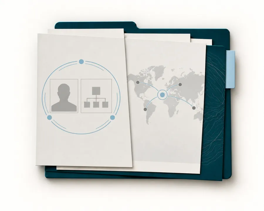 Abstract illustration of an INTERPOL–UN sanctions notice with a light-blue accent