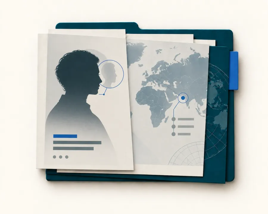 Abstract illustration of an international information search with a blue accent